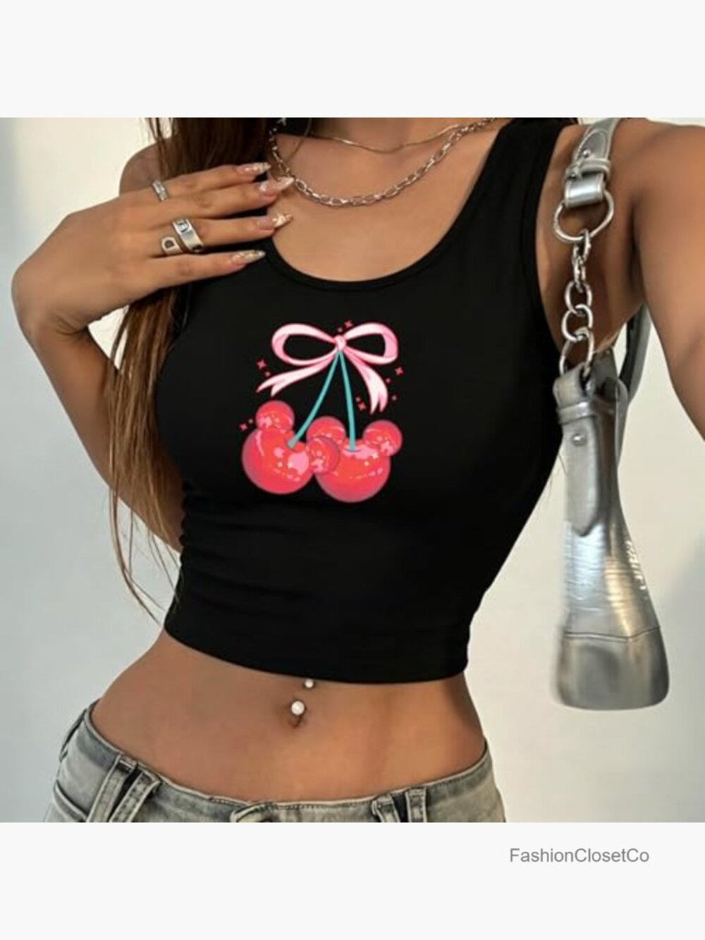 Cherry Graphic Sleeveless Tank Top Ribbed Cropped Tee Y2k Summer Vacation Top - Picture 2 of 7